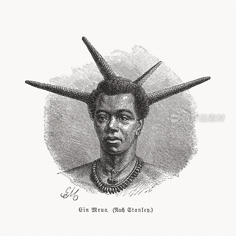 一个Mrua (Warua)人，中非，木刻，1891年出版